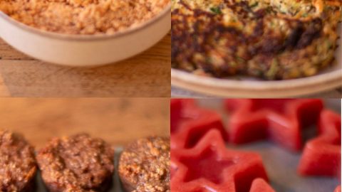 Collage of gluten and dairy free snack ideas showing almond pulp ricotta, veggie fritters, almond pulp and cocoa muffins and strawberry gummies