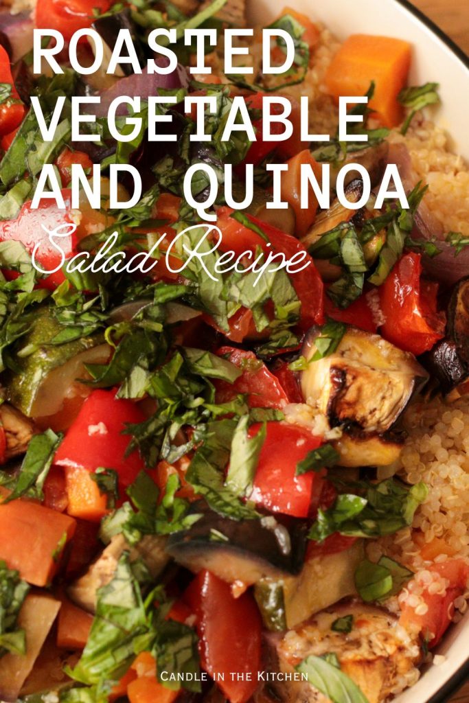 Roasted Vegetable and Quinoa Salad Pinterest Graphic in English