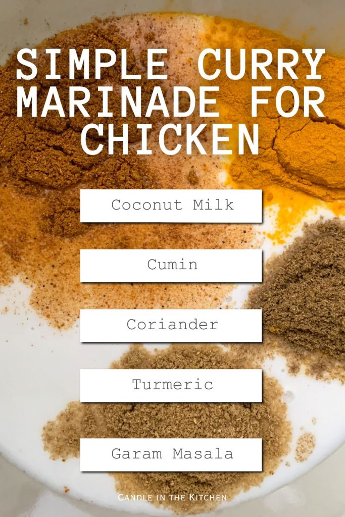 Dairy Free Simple Curry Marinade for Chicken pinterest graphic in english