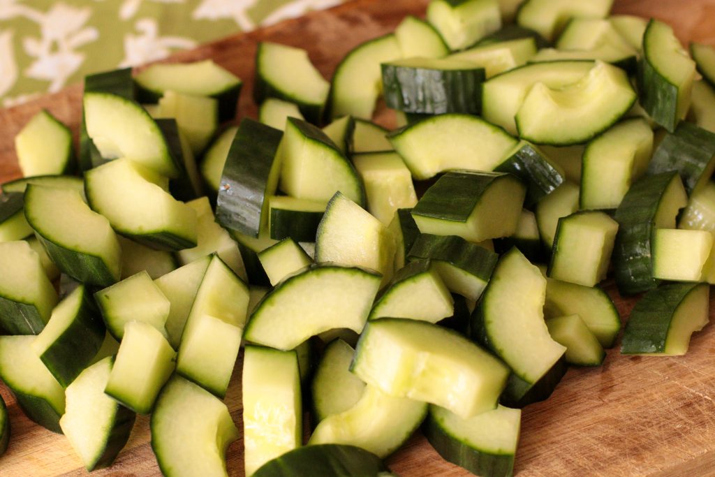 Deseeded cucumber cubed for greek salad with quinoa