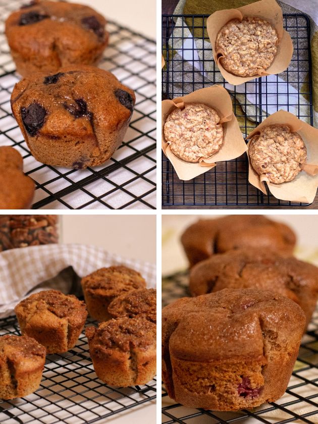 4 sourdough discard muffins : blueberry, apple and oat, maple and pecan and strawberry