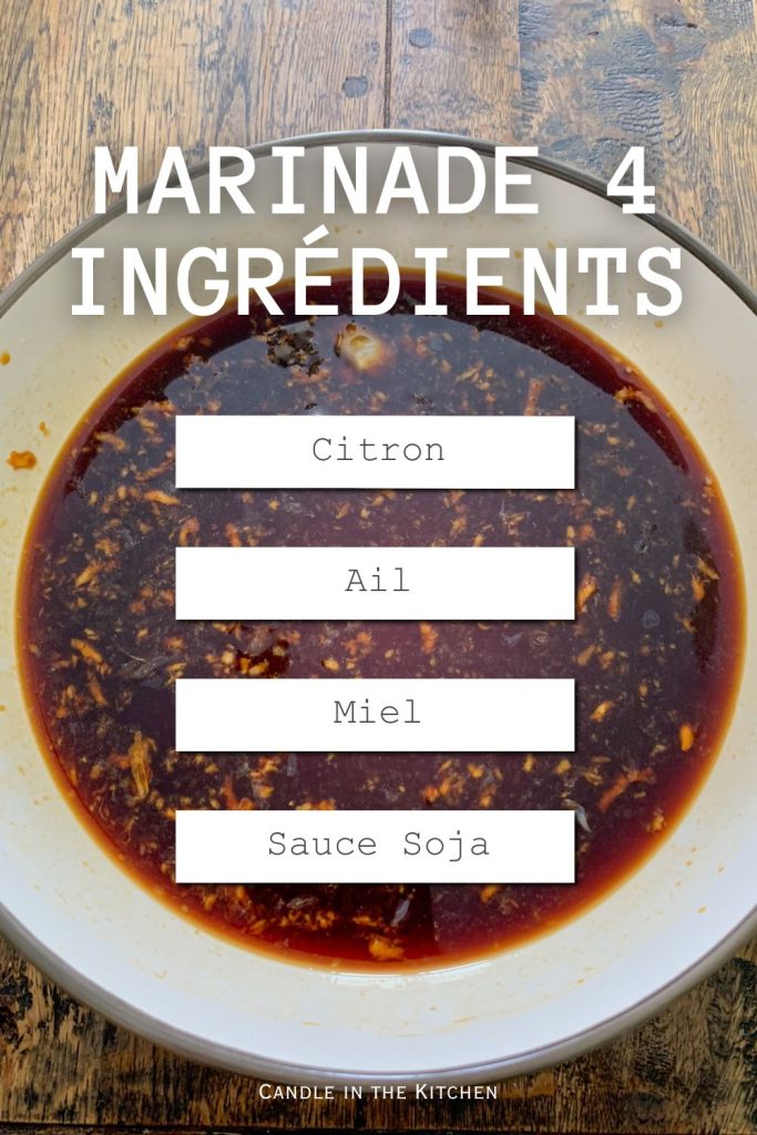 easy soy sauce marinade with honey and garlic pinterest graphic in french