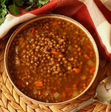 Soupe de lentilles aux lardons dans un bol à crème peu profond, vue d'en haut