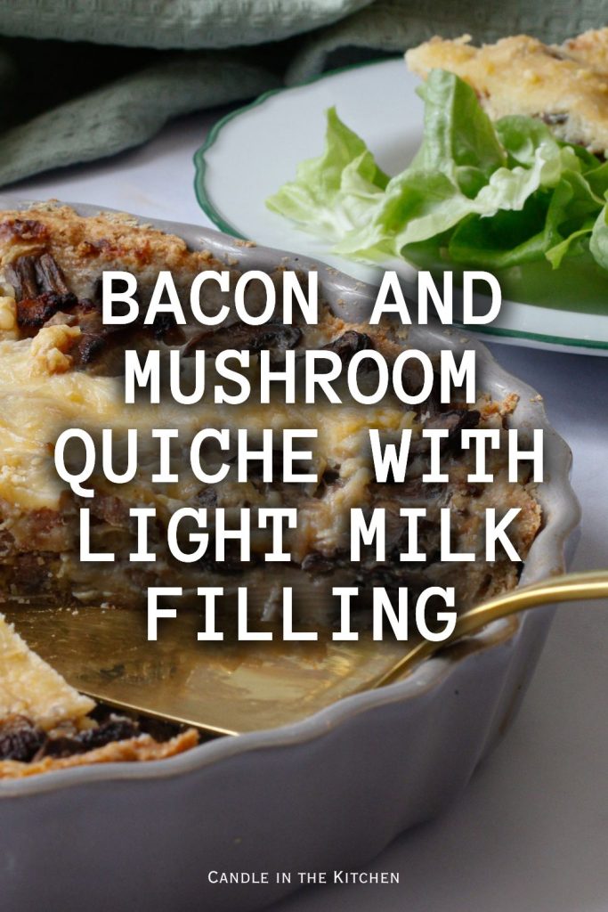 Quiche aux champignons et au bacon pinterest graphic in english