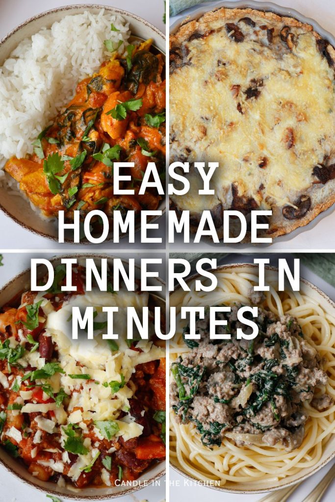 photo montage curry , quiche, chili, beef stroganoff simple meal plan with shopping list pinterest graphic English